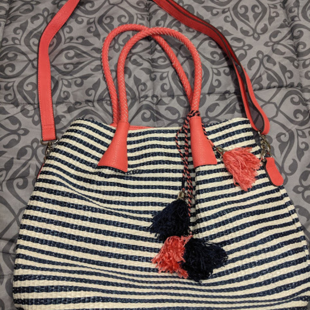 Jessica Simpson Choral/Navy Blue Woven Straw Purse